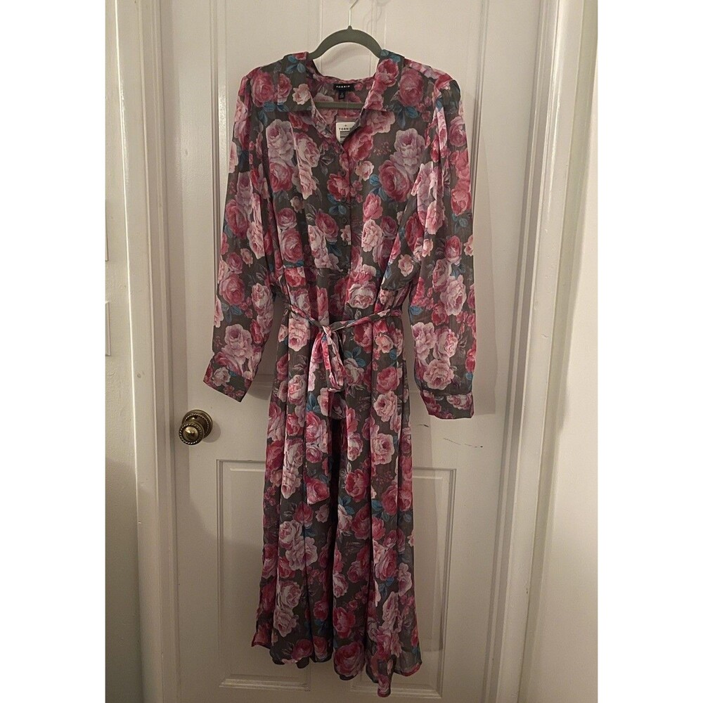 Torrid Women’s Grey Floral Print Long Sleeve Maxi Tie Shirt Dress Size 18/20